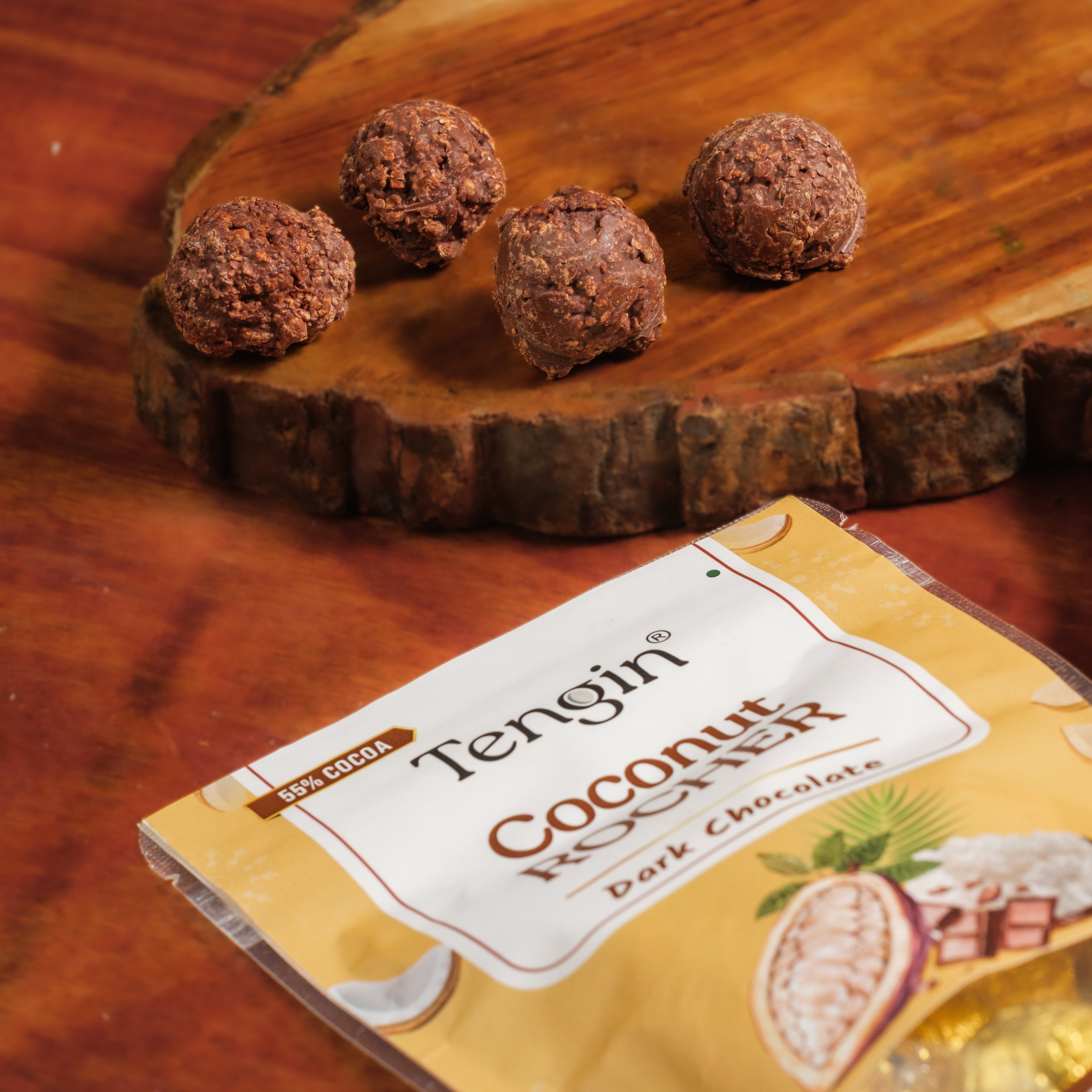 Tengin coconut dark chocolate rocher handmade natural ingredients Karnataka