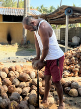 Tengin farmer drying copra coconut halves Tiptur Karnataka natural sun-dried